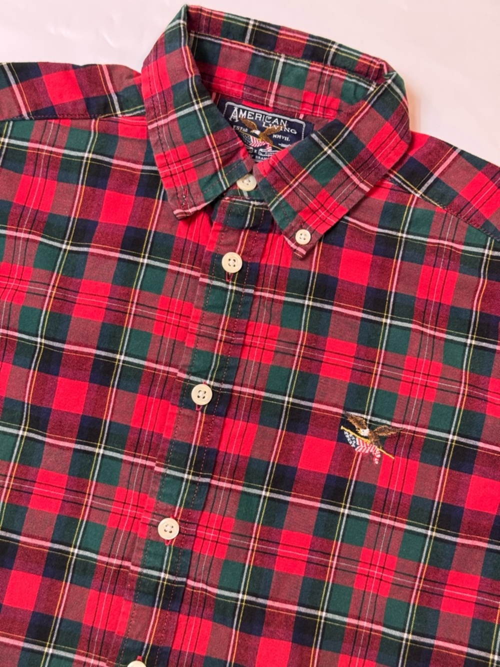 American Living Red & Green Plaid Button-Down Shirt with Eagle Patch med 12-14